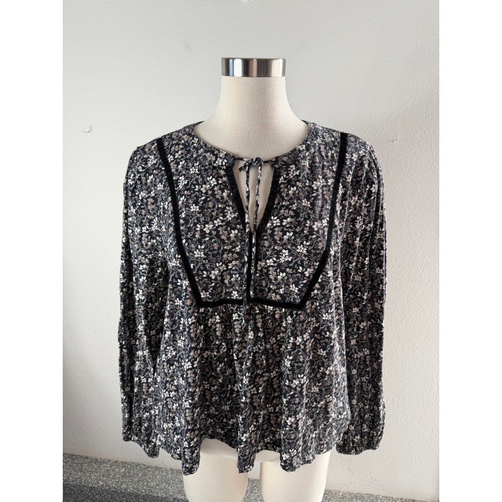 Lucky Brand Womens Medium Black Floral Tie Neck Boho Cotton Blouse Long Sleeve